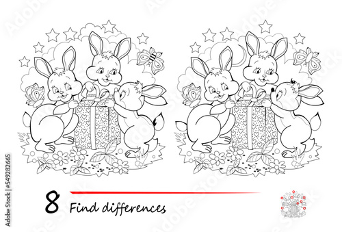 Find 8 differences. Black and white illustration of cute Easter bunnies. Logic puzzle game for children and adults. Page for kids brain teaser book. Developing counting skills. Flat vector drawing.