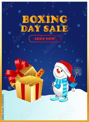 Boxing day, christmas.Postcard. Cheerful snowman with a box and gifts. Sale discount.