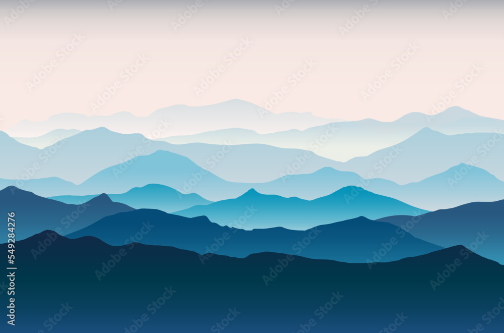Minimal illustration of beautiful dark blue mountain landscape with fog sunrise and sunset in bright sky nature. 