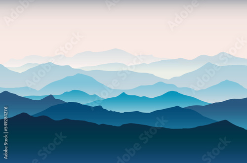 Minimal illustration of beautiful dark blue mountain landscape with fog sunrise and sunset in bright sky nature. 