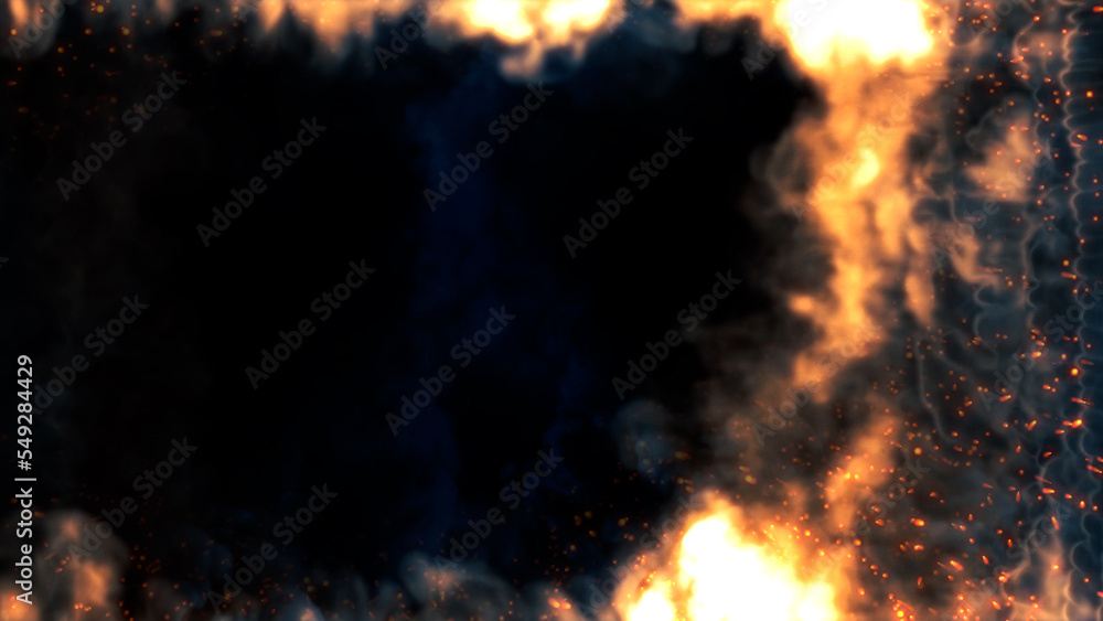 Side frame for content of blue smoke with fire - abstract 3D illustration