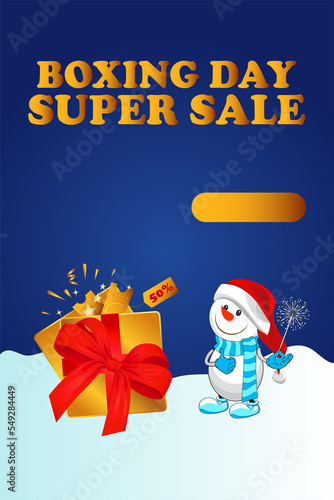 Boxing day, christmas.Postcard. Cheerful snowman with a box and gifts. Vertical. Sale discount.