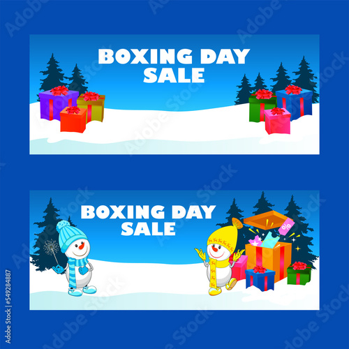 Boxing day, christmas.Double postcard. Cheerful snowmen with a box and gifts. Vertical. Sale discount.