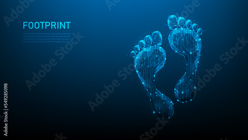 footprint digital technology on blue drak background. biometric identity protection. investigations and traces track chip foot. foot low poly wireframe. vector illustration fantastic hi tech.