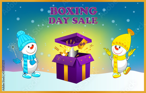 Boxing day, christmas. Bright postcard. Cheerful snowmen with a box and gifts. Vertical. Sale discount.