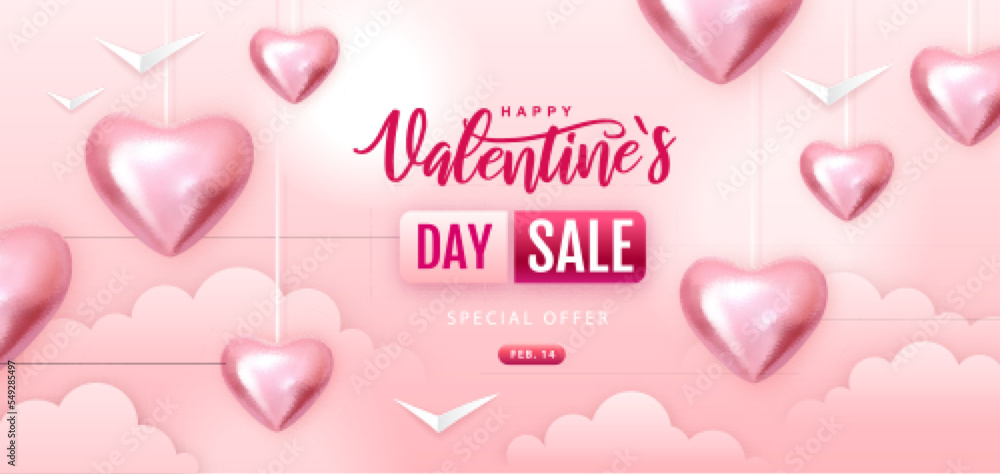 Happy Valentines Day big sale typography poster with pink hears and clouds. Vector illustration