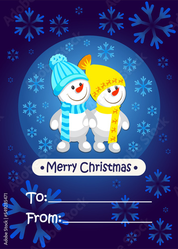Christmas. Bright postcard. Funny snowmen. Vertical. Sign congratulations.