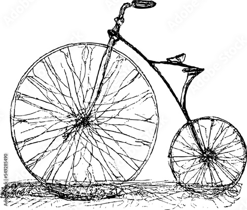 Boneshaker bicycle old style concept roots of the creation of modern bicycles. Black and White with vines and original sketch.
