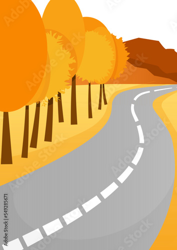 Autumn road trip among orange fields and yellow and orange trees in perspective brown mountains