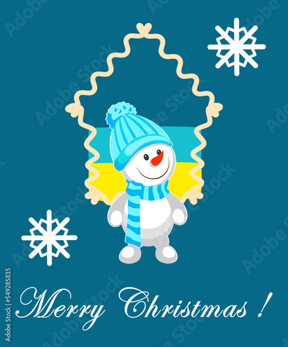 Merry Christmas. Bright postcard. Cheerful snowman on the background of the Ukrainian flag. Vertical.