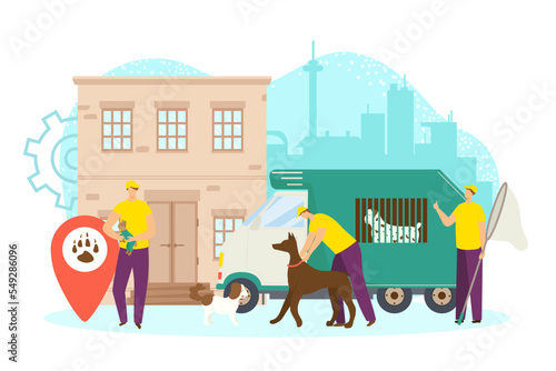 Agency for stray animal control, vector illustration. Professional worker man character rescue dogs from city street, transportation by truck.