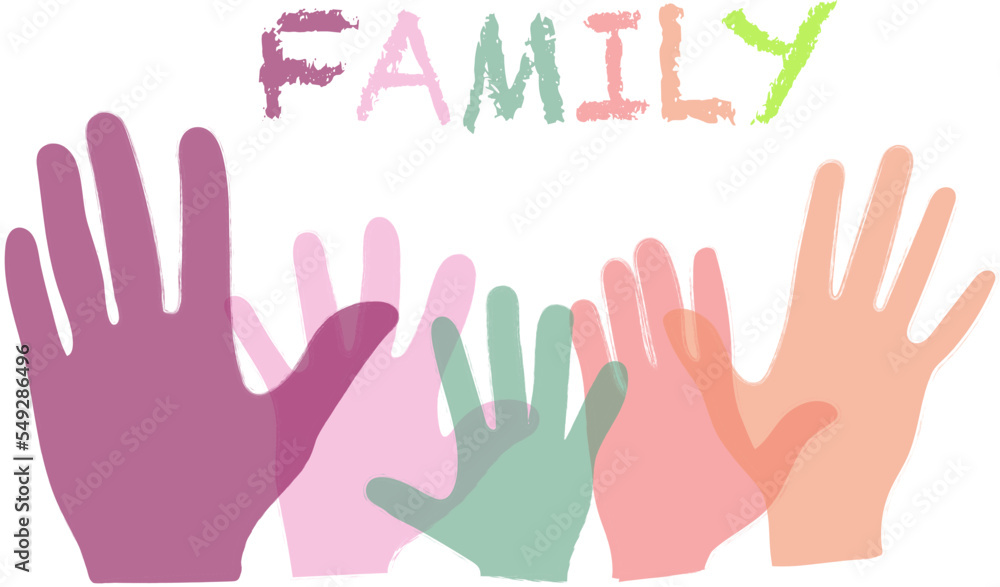 Fototapeta premium Hands of family members, vector illustration of colorful hands