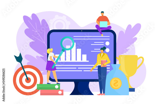 Business strategy concept, vector illustration. Flat man woman people character design finance chart at computer, marketing work technology.