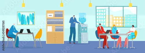 Office, business coworking space, vector illustration. Workplace for man woman people character, team at corporate meeting concept.