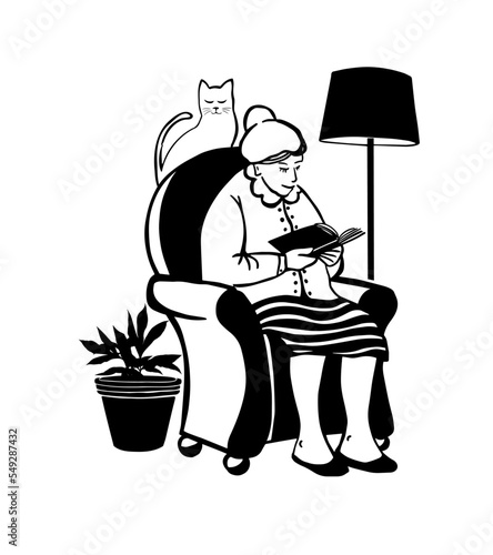 Senior woman sits on the couch and reads the book with interest. Grandmother spends time at home with a book. Leisure and relax concept. Vector illustration
