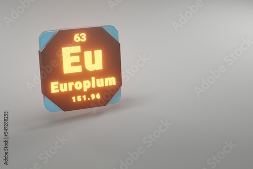 Beautiful abstract illustrations Standing black and fire Europium  element of the periodic table. Modern design with golden elements, 3d rendering illustration. Blue gray background.