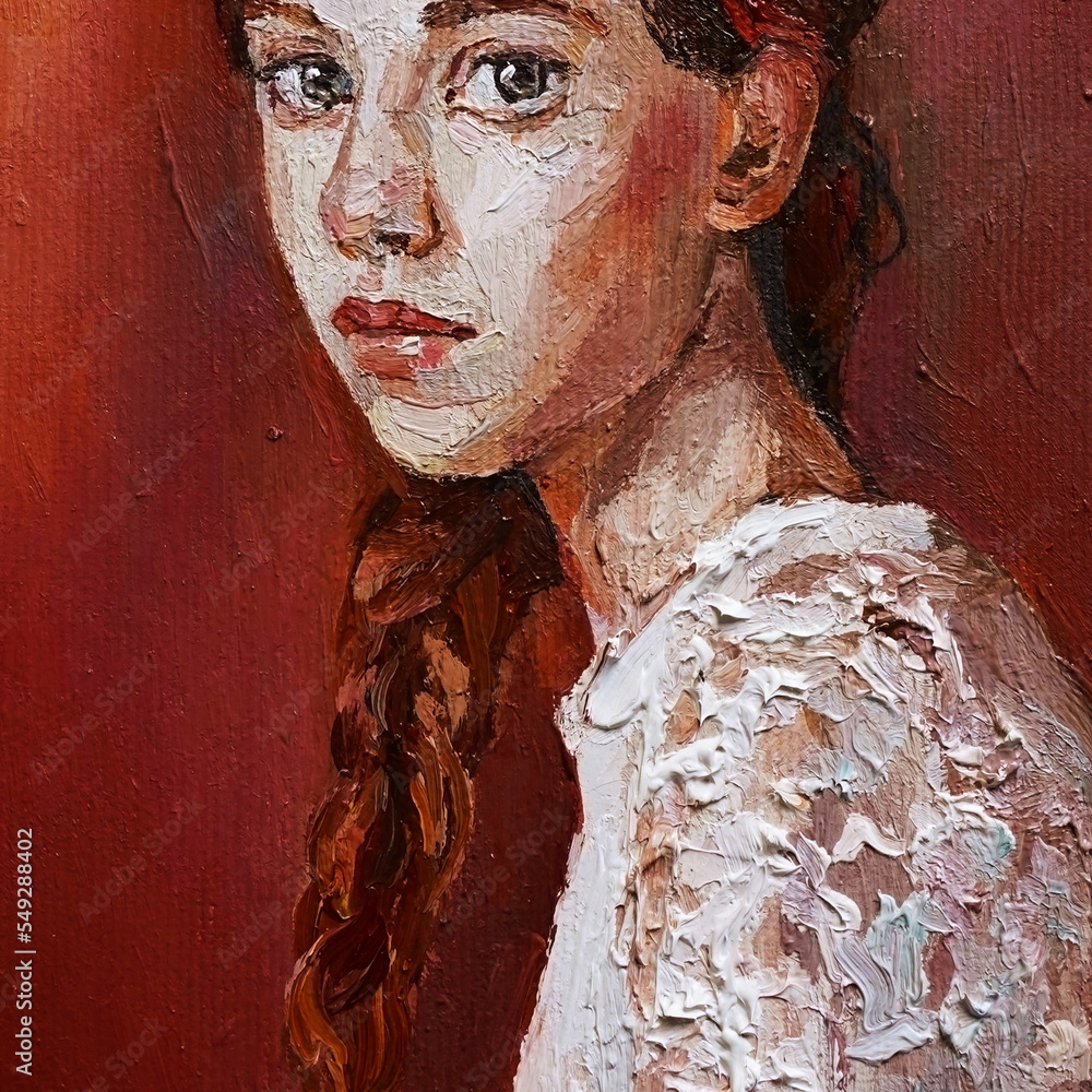 Oil painting. A girl in a red scarf with an expressive look. The ...
