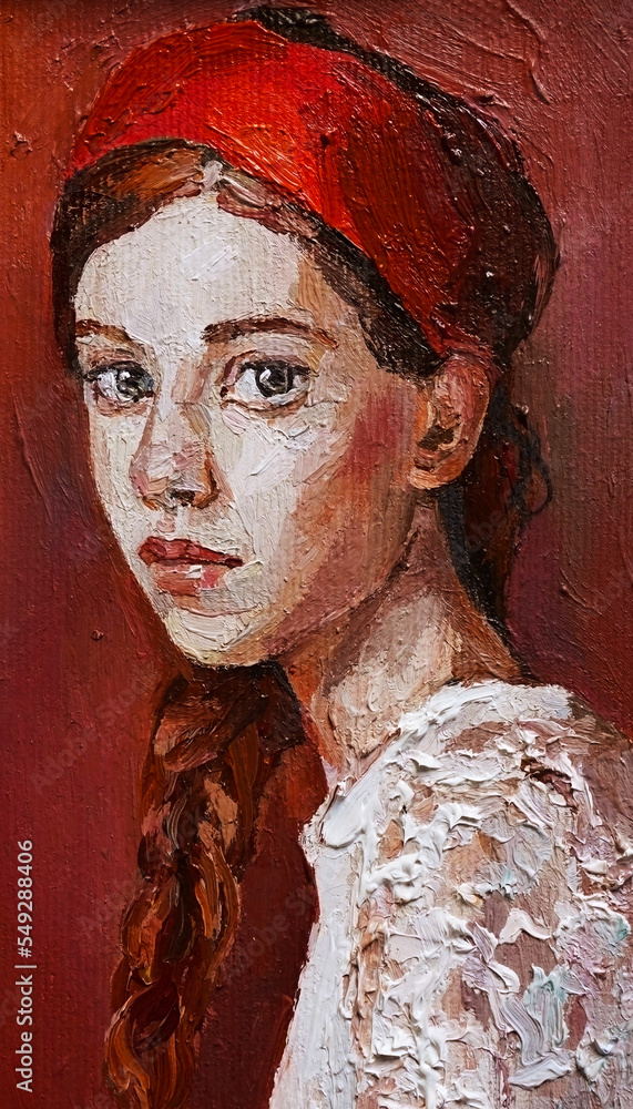 Oil painting. A girl in a red scarf with an expressive look. The painting is done in a realistic manner.