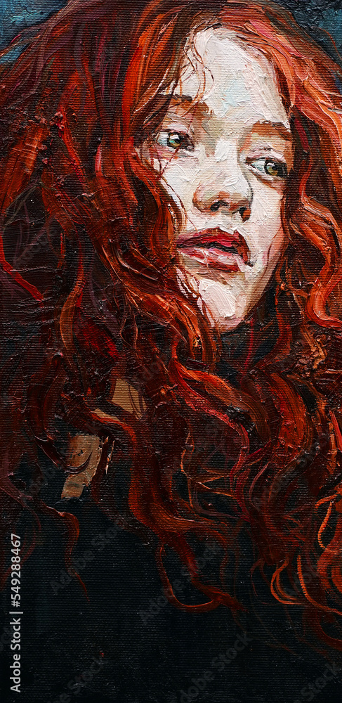 Fragment of work where fiery red curly hair as a waterfall falls from the head of a white-faced girl. Oil on canvas.