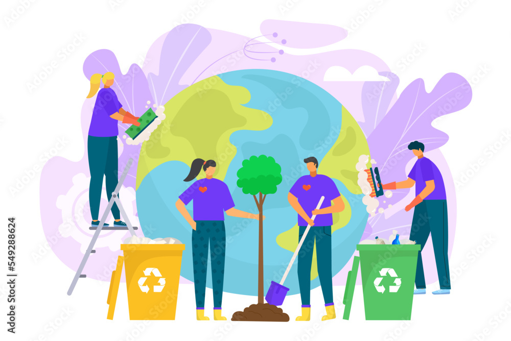 Planet ecology protection, save earth environment concept, vector illustration. Cartoon people character care about global world nature.