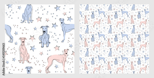 Pattern design with funny Greyhound dogs doodles, sketch style, seamless pattern.  textile, wrapping paper, blue background graphic design. Wallpaper for Babies and kids. Blue and Pink linen style.
