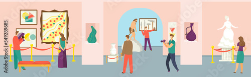 Museum concept, vector illustration. Flat people man woman character at art exhibition, gallery exposition interior design. Culture painting artwork