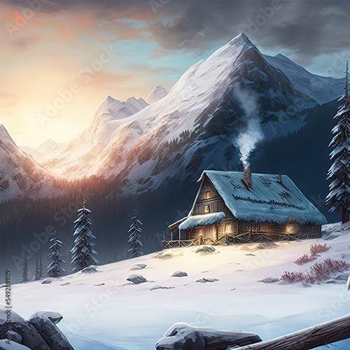 Fotografie, Obraz Amazing winter landscape, hut in the mountains, art illustration
