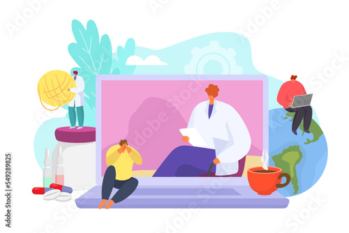 Online psychologist consultation, mental therapy and help concept, vector illustration. Psychotherapy for woman man patient support.
