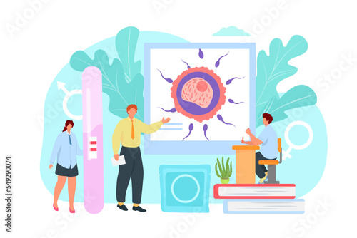 Sexual education concept, vector illustration. Man woman character get knowledge about reproductive system, medical science information.