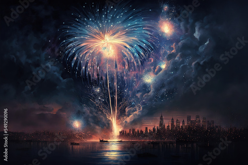 Fireworks Over City at Night, AI Generated Illustration