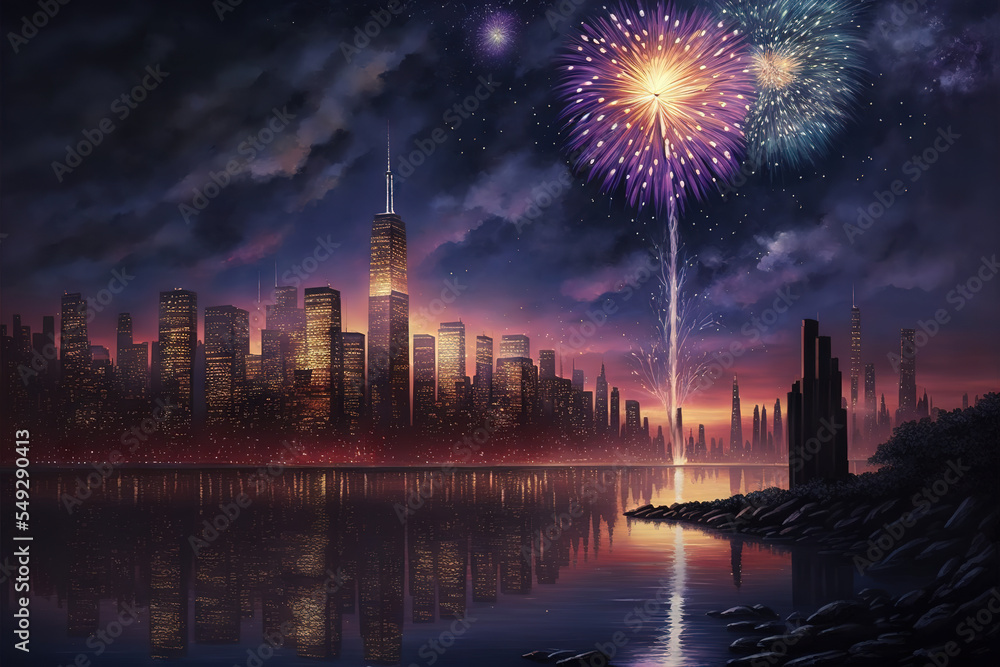 Fireworks Over New York City at Night, AI Generated Illustration