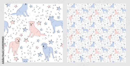 Pattern design with funny Mutt, mongre dogs doodles, sketch style, seamless pattern.  textile, wrapping paper, blue background graphic design. Wallpaper for Babies and kids. Blue and Pink linen style.