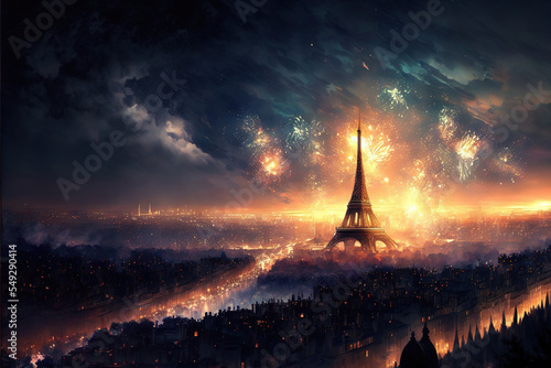 Fireworks Over Paris at Night  AI Generated Illustration