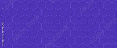 Purple grid of rhombuses with digital textures background. Geometric surface made of blue honeycombs with 3d render lines and code points. Design of virtual space for presentation