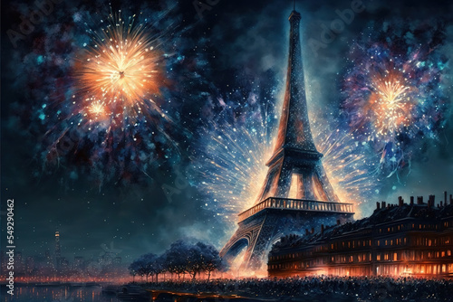 Fireworks Over Paris at Night, AI Generated Illustration
