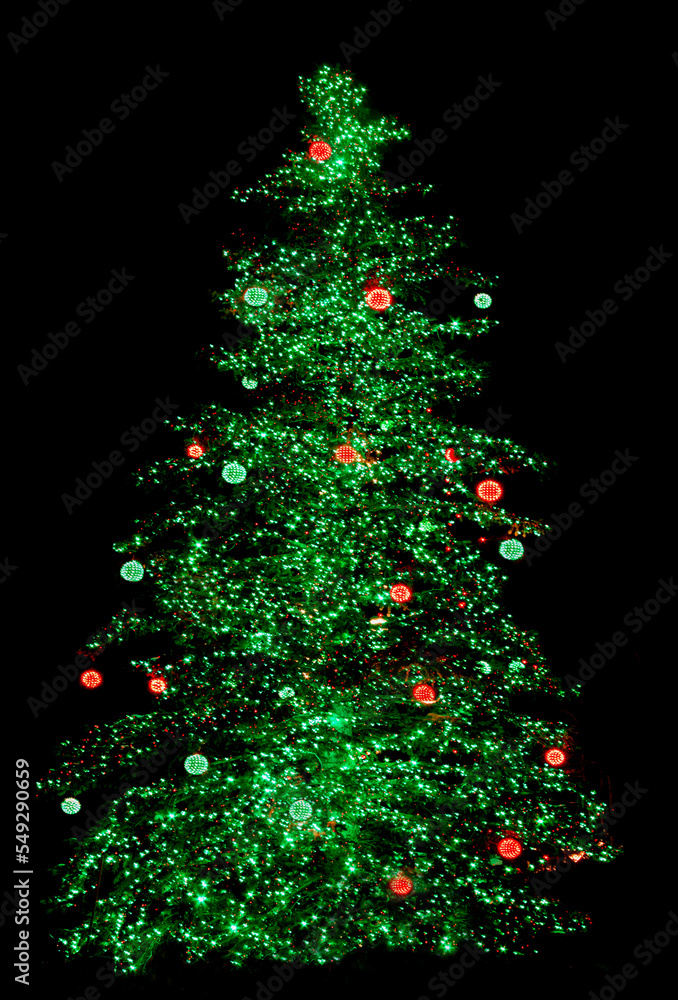 Large outdoor Christmas tree covered in bright green lights and large