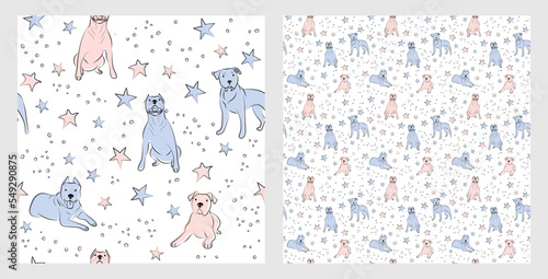 Pattern design with funny Pit Bull dogs doodles, sketch style, seamless pattern.  textile, wrapping paper, blue background graphic design. Wallpaper for Babies and kids. Blue and Pink linen style.