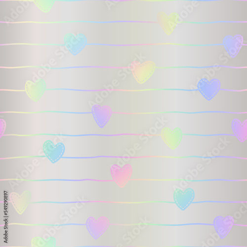 Heart seamless pattern. Repeating holographic texture. Repeated iridescent background for design girls prints. Repeat hologram hearts printed. Abstract metallic foil printing. Vector illustration