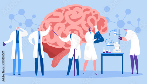 Study brain in laboratory, vector illustration. Scientists researching human mind. Doctor diagnoses patient, experiment.