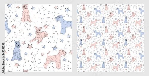 Pattern design with funny schnauzer dogs doodles, sketch style, seamless pattern.  textile, wrapping paper, blue background graphic design. Wallpaper for Babies and kids. Blue and Pink linen style.