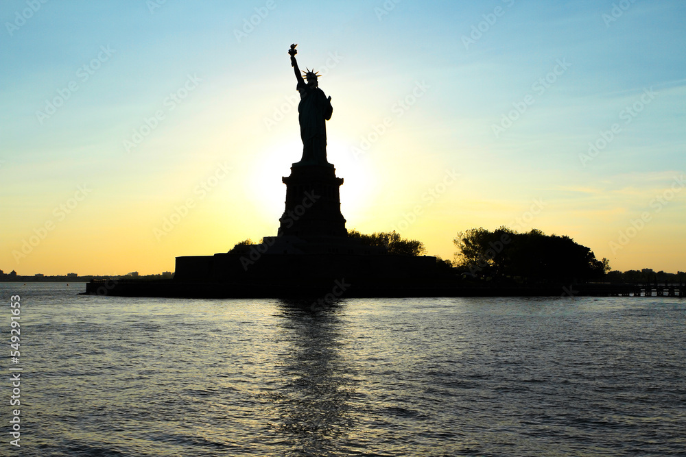 New York united states 21, may 2018 sunset at the statue of liberty