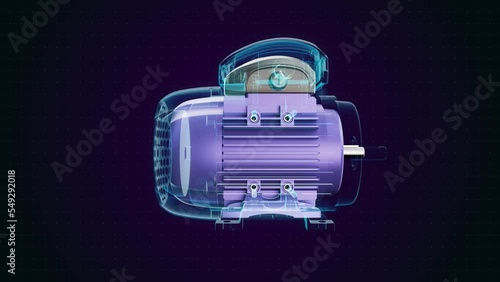 An electric motor with internals x-ray blue, transparent, isolated on a black and blue background. Looping 4K video. 3D visualization