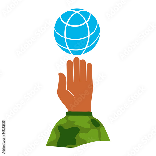 A military mans hand holds a globe of the globe. Military position