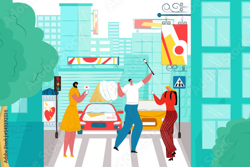 Digital addiction, man woman person character hold phone at city road, vector illustration. Flat street with internet addicted people use device.