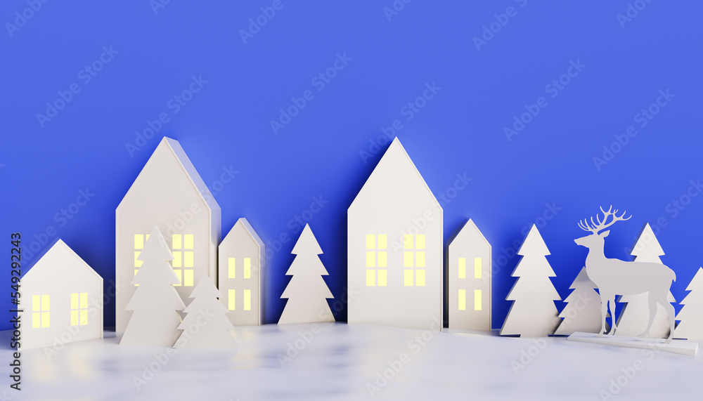 New Year's city in the snow. New Year 2023. Paper buildings and trees in the snow. 3D render
