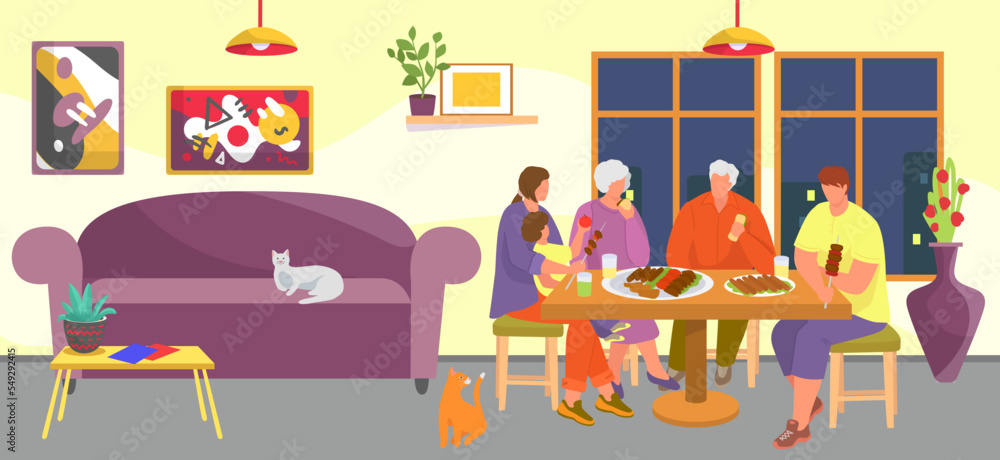 Family eat meal at home, vector illustration. Happy dinner with people, mother, father, daughter, grandparents sitting at table together. Family eat meal at home, vector illustration. Happy dinner with people, mother, father, daughter, grandparents sitting at table together.