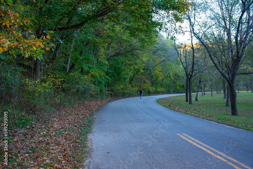 country road in autumn with man walking