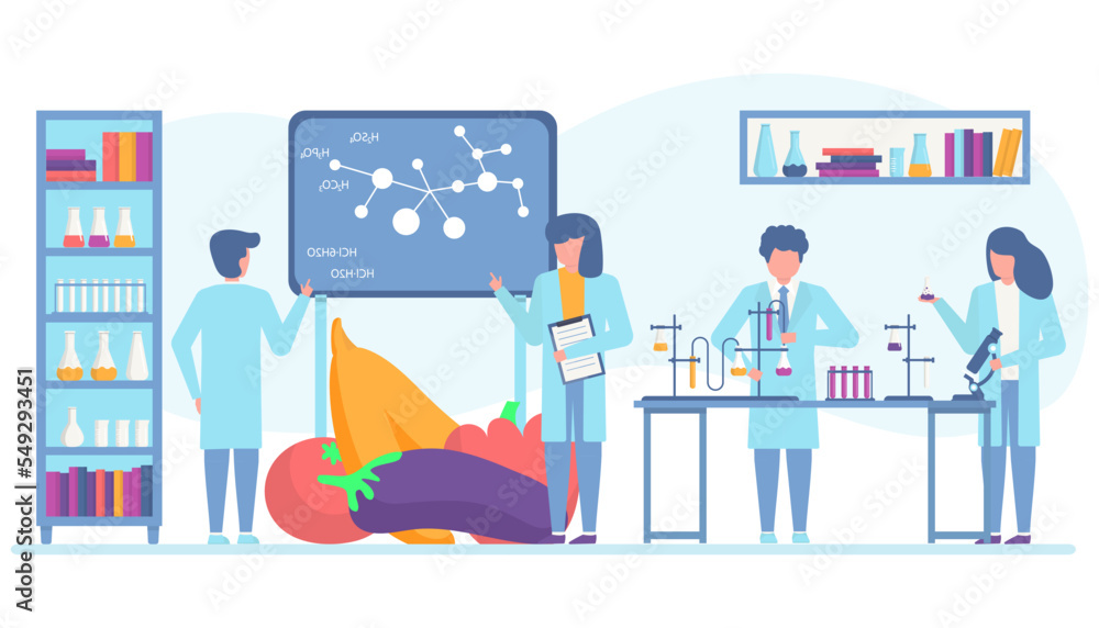 Food vegetable research, gmo experiment in laboratory, vector illustration. Biotechnology in lab, genetic modification control by man woman Food vegetable research, gmo experiment in laboratory, vector illustration. Biotechnology in lab, genetic modification control by man woman