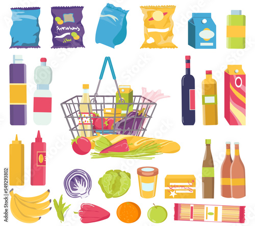 Food product in grocery basket, shop collection isolated on white, vector ill...