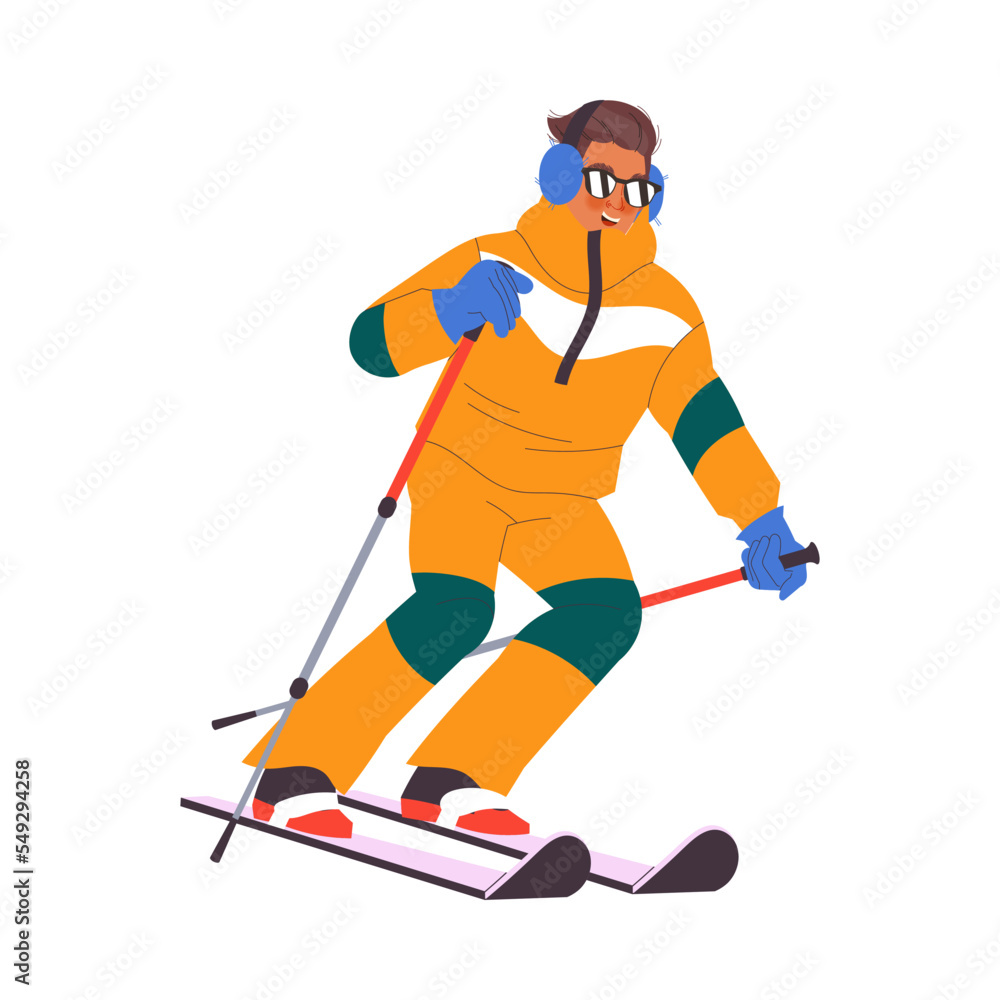 Fototapeta premium Happy Man Character in Earmuffs Skiing at Mountain Ski Resort in Winter Season Vector Illustration